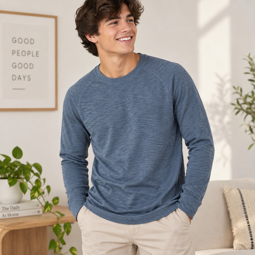 Banana Republic Mens LS Sweater S Heather Blue Crew Neck Slub Knit Casual Preppy